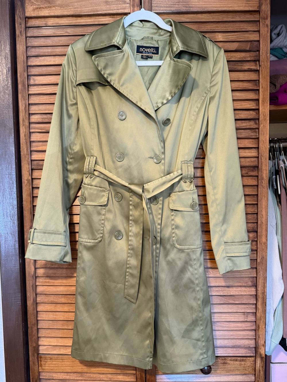 Novelti Sage Green Satin Trench Coat Belted Size 9/10